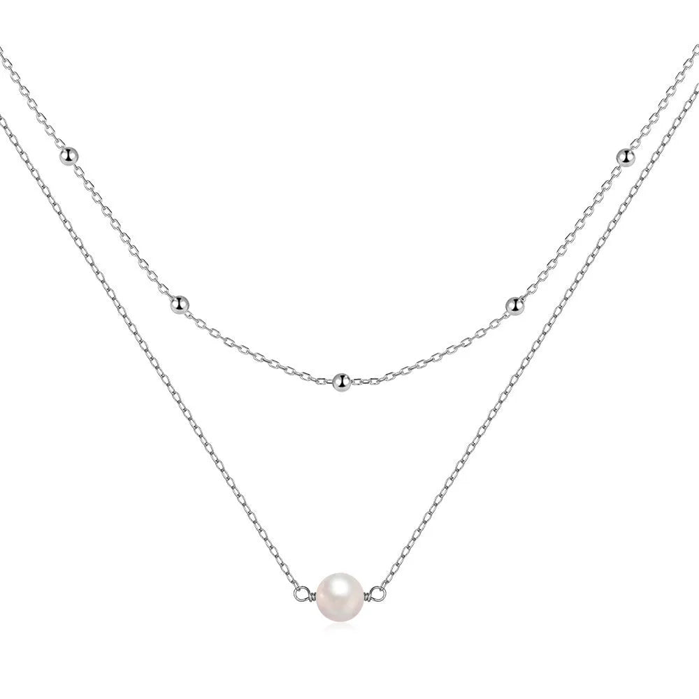 S925 sterling silver necklace with double layer design and twin pearls in gold or white gold colour