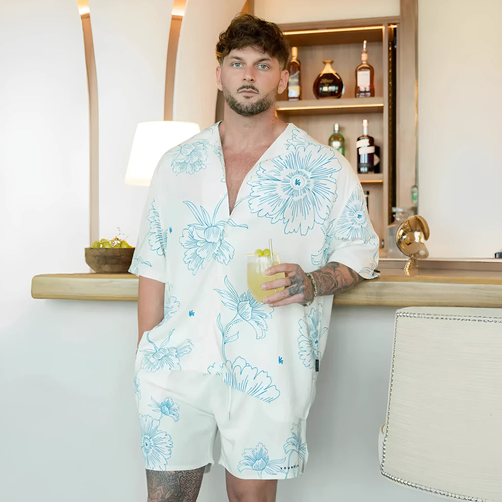 Men's casual loose short sleeve top with printed floral pattern in neutral colour