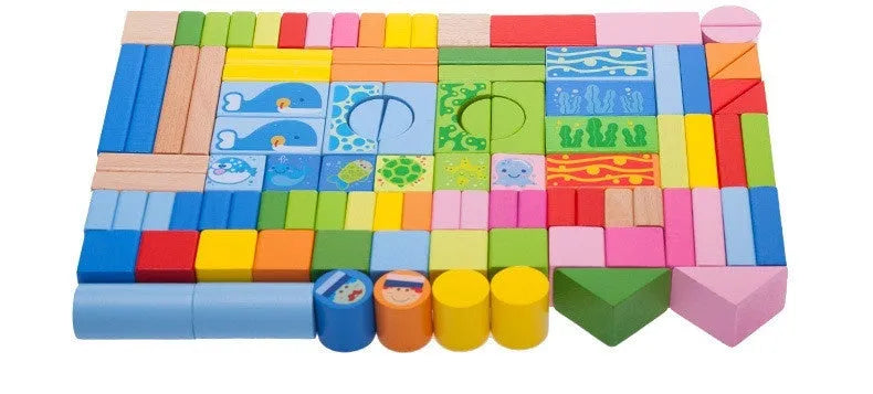 Ocean 100 puzzle blocks made of beech and maple wood in a paper tube with marine life designs