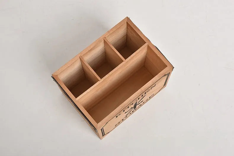 Wooden kitchen storage box with grid divider for organising knives forks and chopsticks