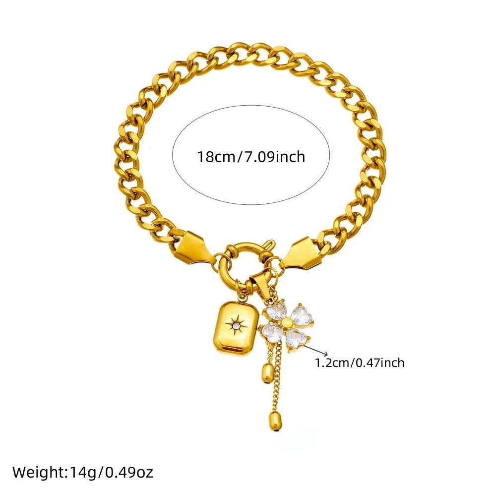 Tassel stainless steel bracelet and necklace set with flower and butterfly motifs for women