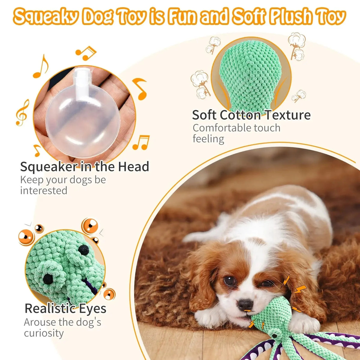 Blue octopus plush dog chew toy with six legs and squeaker for interactive play