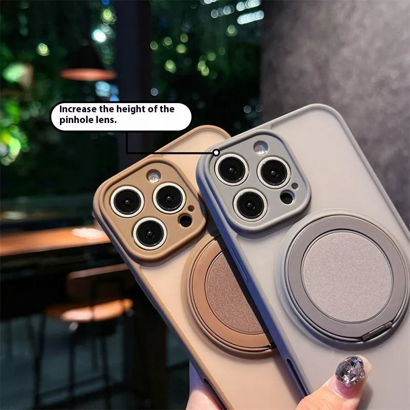 Frosted magnetic rotating bracket phone case for IPhone 17 series in multiple colour options showing bracket extended.