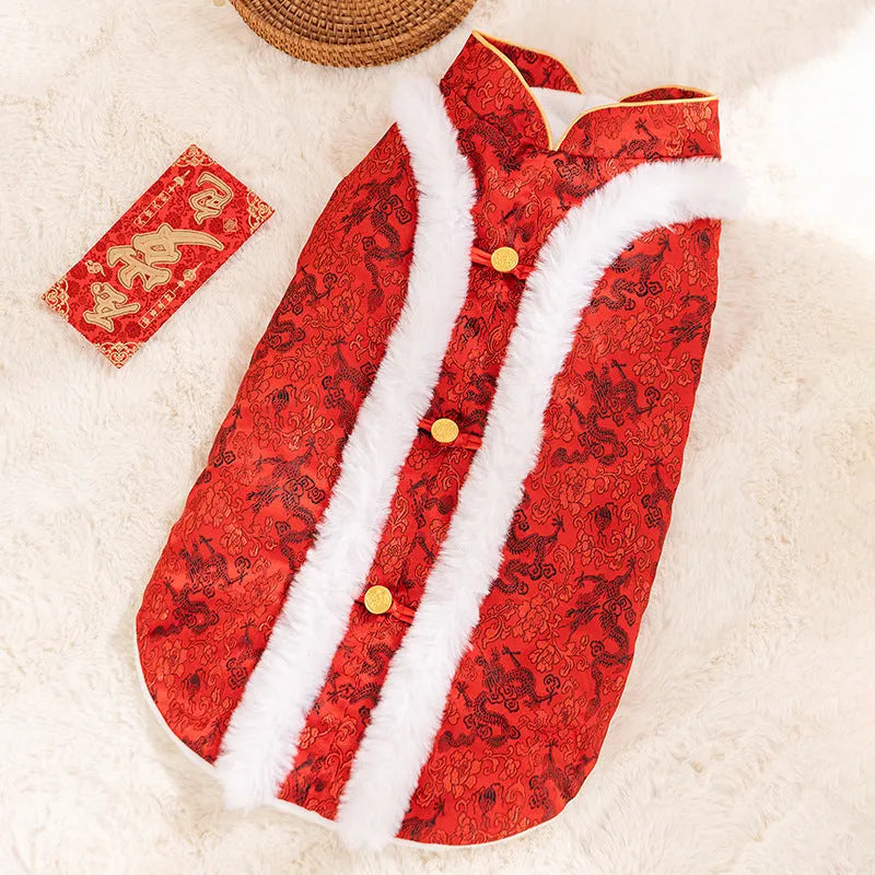 Red brocade pet dog Tang suit with dragon embroidery, faux fur trim, and knot buttons on a large dog