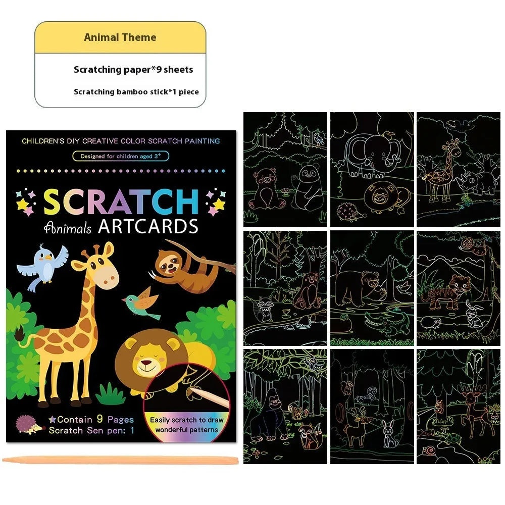 DIY graffiti scraping painting paper kit with scratch tool, showing colourful animal theme artwork revealed on black paper