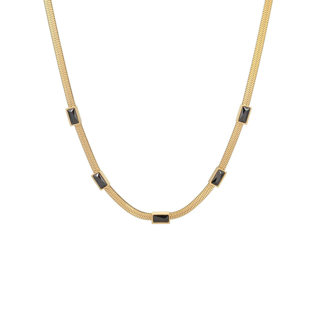 Retro geometric square zircon necklace on a flat snake chain in gold electroplated stainless steel.