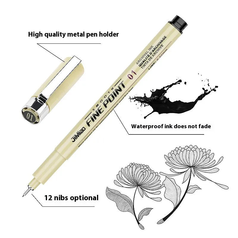 Waterproof needle pen with hand-drawn syringe cartoon design on plastic shell for sketching and writing