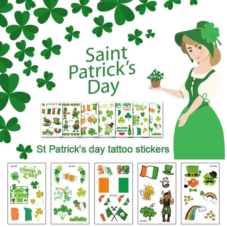 Temporary tattoo stickers with Irish festival flag designs for children, sized 120x75mm with St. Patrick's Day clover motif