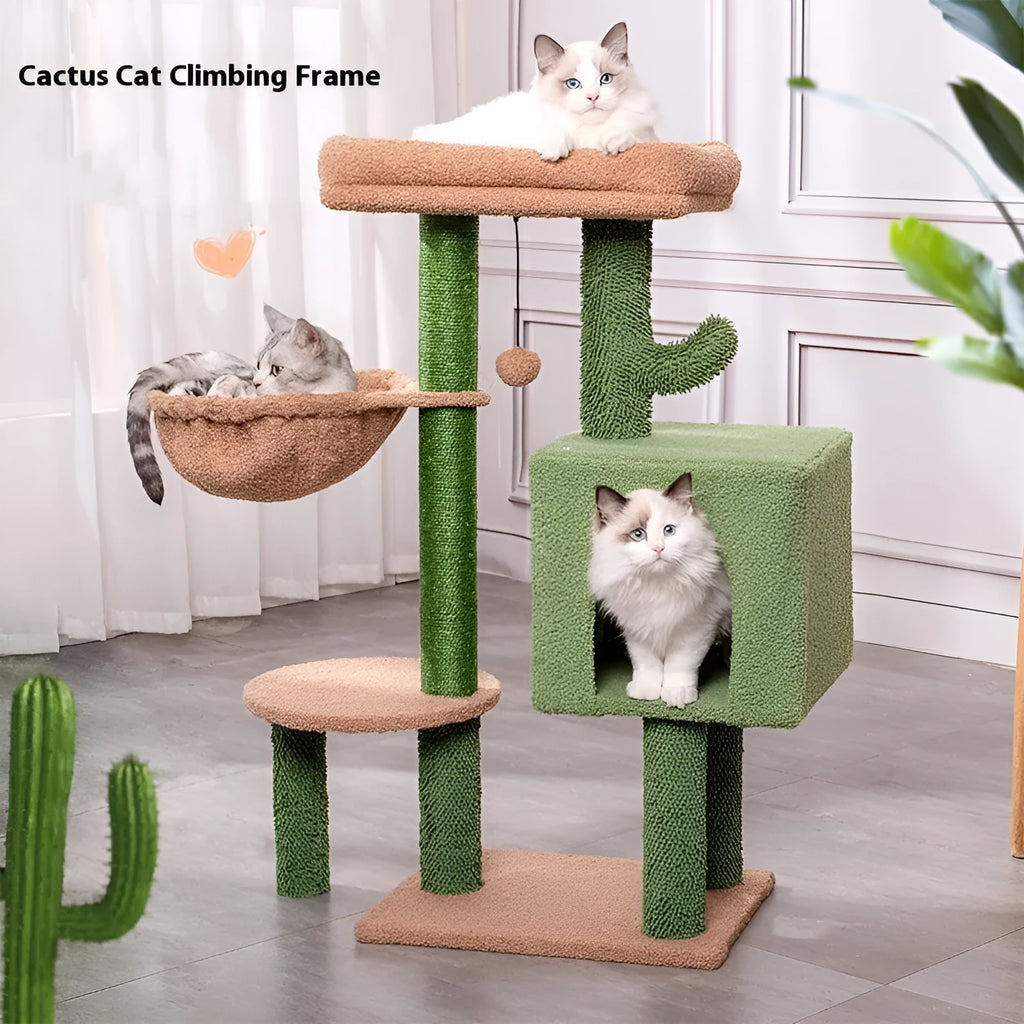 Cactus green wood cat climbing frame 43x33x87cm with shelf platform for small cats