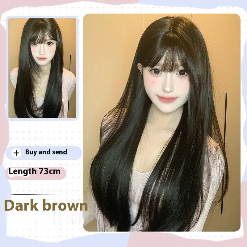 Dark brown long straight synthetic women's wig with a fringe on a wig head.