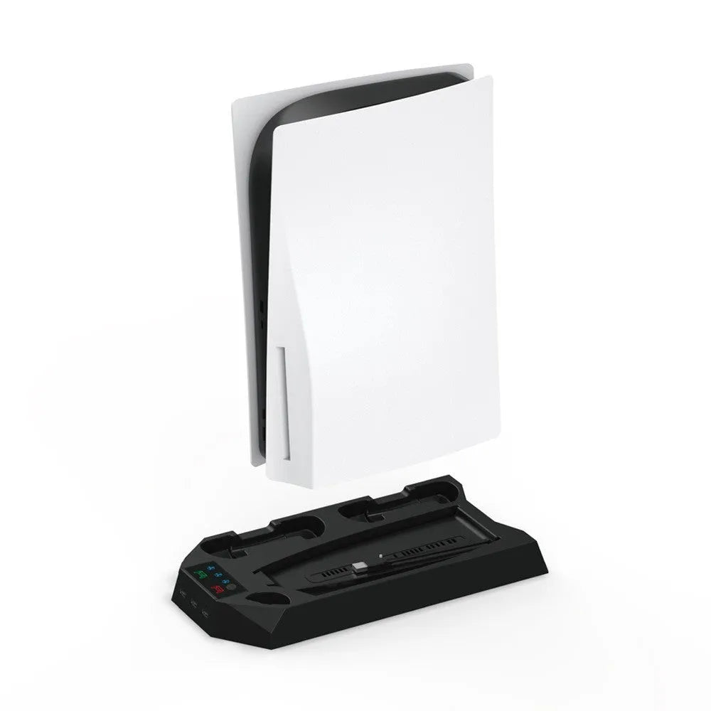 White PS5 charging and cooling dock station with two controllers on charge and headset on hook