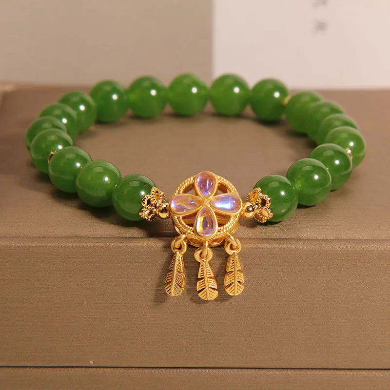 Green Jasper bracelet for women with crystal four-leaf clover dream catcher pendant