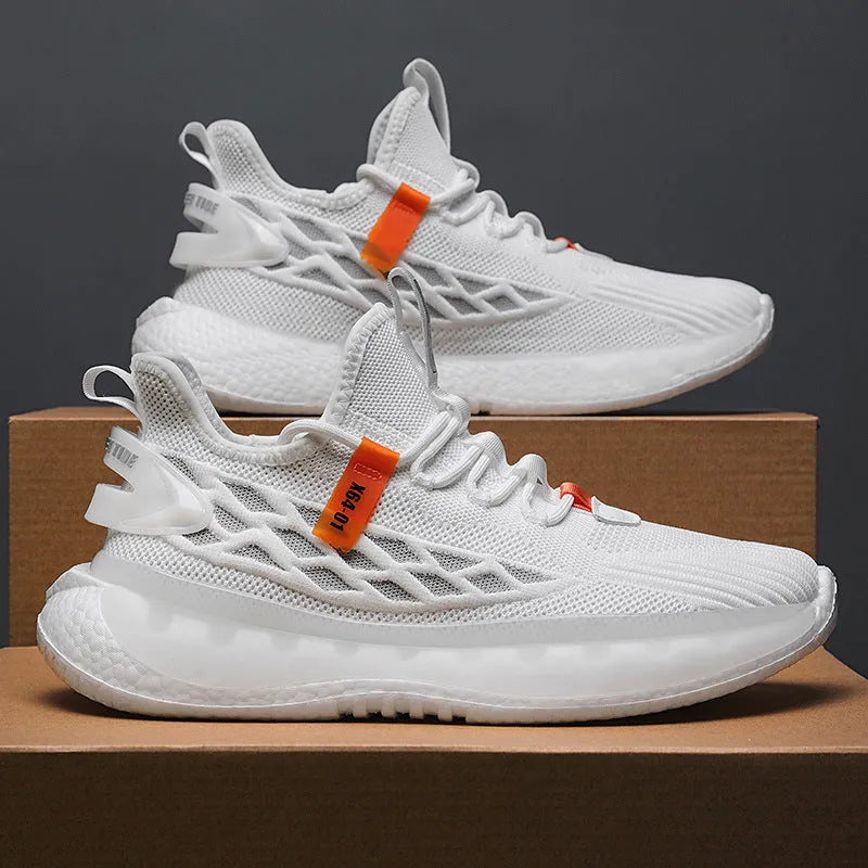 Men's white low-top lace-up sneaker with woven mesh upper and flat rubber sole