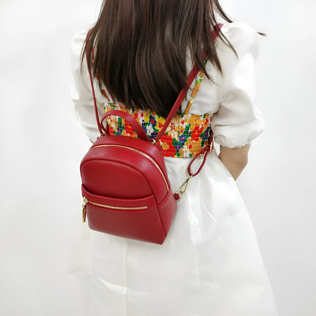 Soft PU mini backpack with three-dimensional pockets and contrast colour street trend styling
