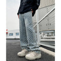 Men's black jacquard full-print denim jeans with button fly, laid flat showing all-over pattern
