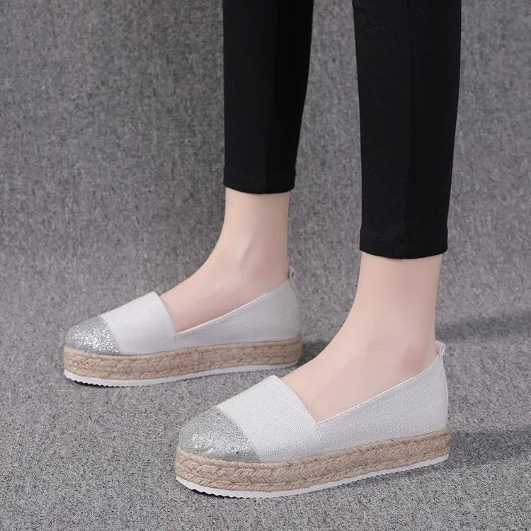 Women's plus size breathable canvas flat shoes in black, milky white and beige colours