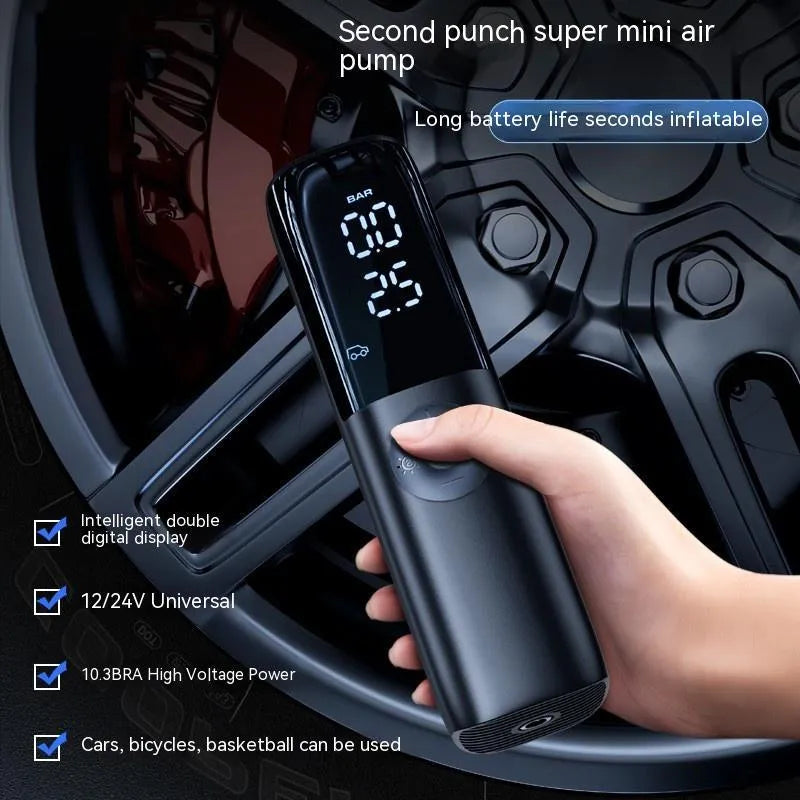 Black portable electric vehicle air pump with built-in tyre pressure gauge