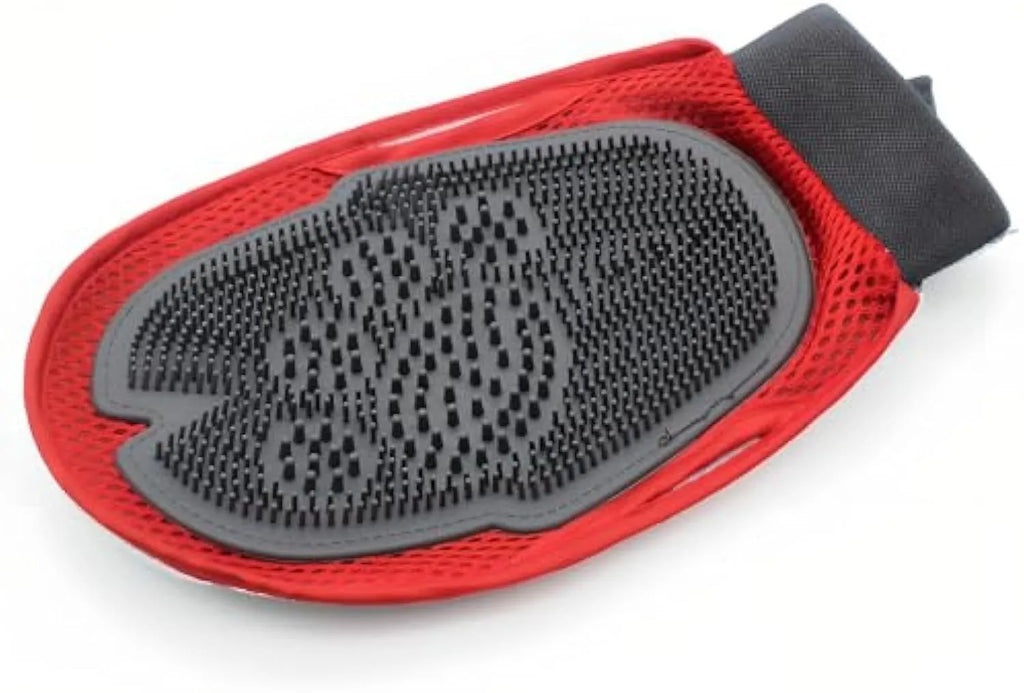 Red pet bathing glove with integrated brush surface for hair removal during dog and cat grooming