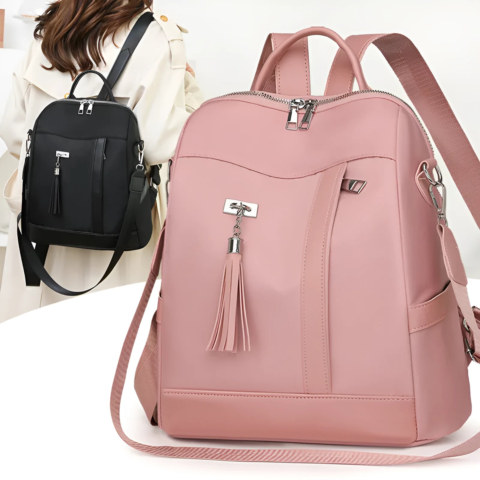 Soft PU backpack in black colour showing three-dimensional pocket and urban simplicity style