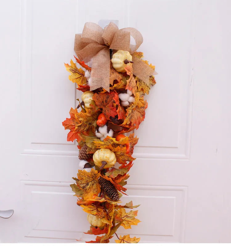 Autumn pumpkin wreath with fabric leaves, simulation pumpkins, berries, and pine cones on a vine ring, 50cm diameter