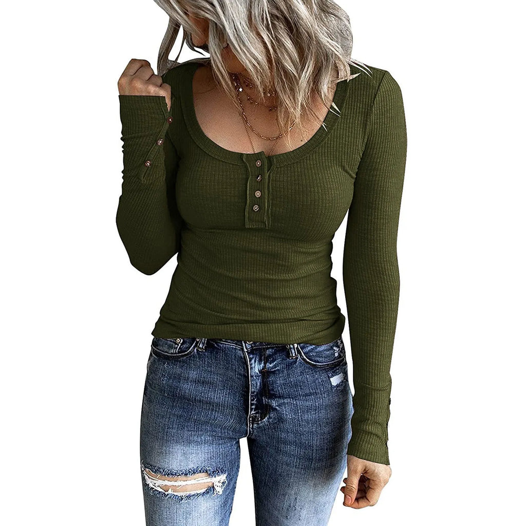 Women's V-neck long sleeve solid colour cotton blend pullover top in black, slim fit