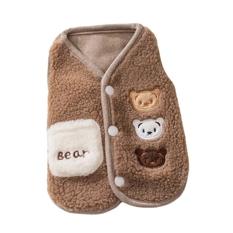 Warm fleece dog jacket with bear embroidery for small breeds, side-button closure, available in brown and white.