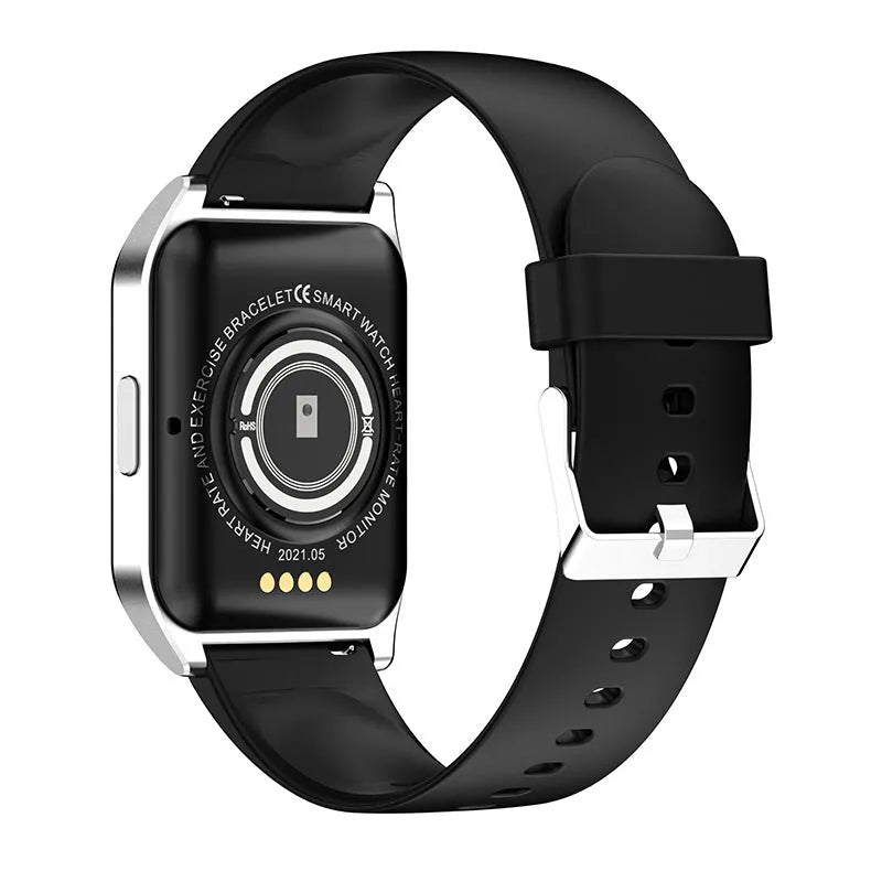 Black smart watch with 1.69-inch touchscreen display and silicone wristband showing interface