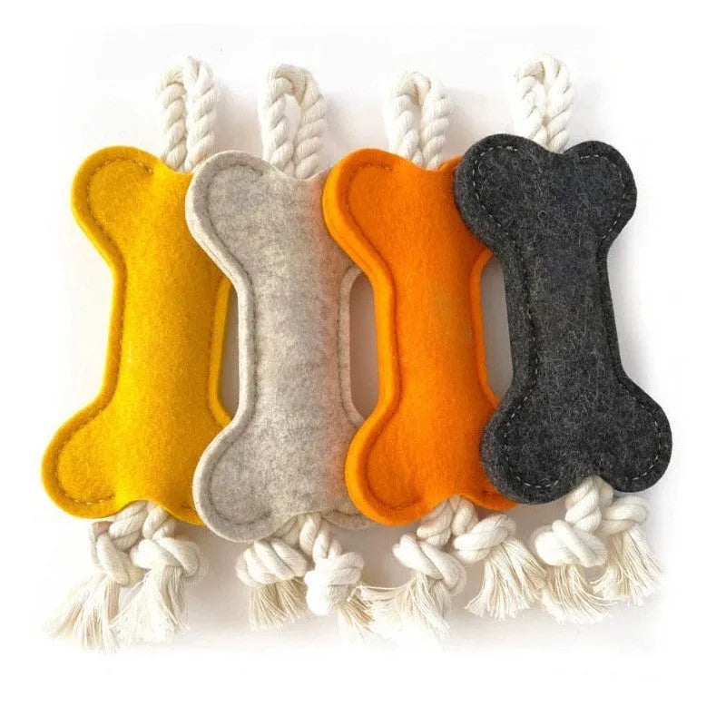 Bone-shaped felt dog chew toy in colour option for dental grinding
