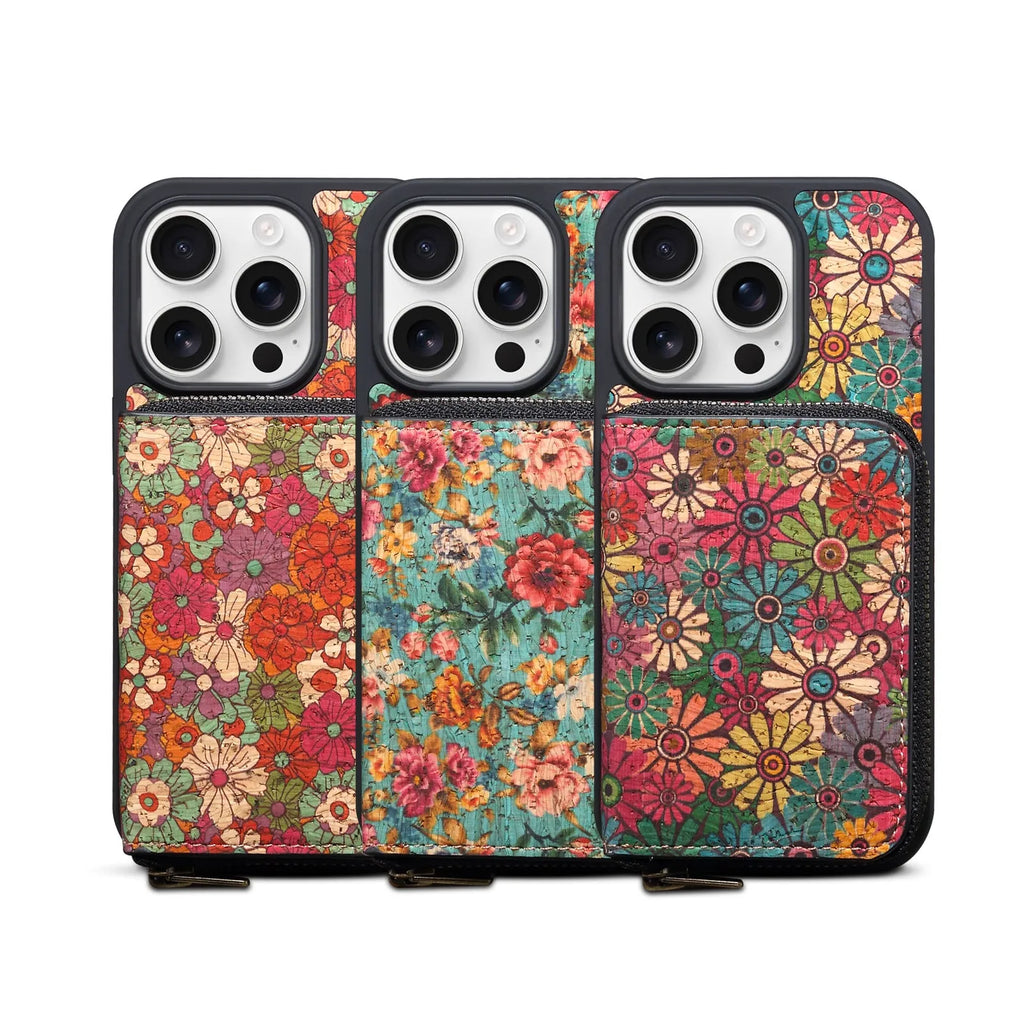 Cork phone case with magnetic suction and bracket for iPhone 17, red colour, three-dimensional floral design