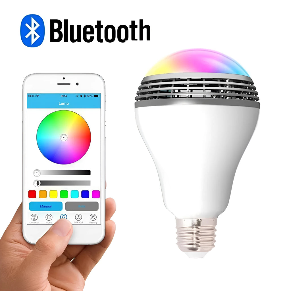 Smart LED light bulb with Bluetooth speaker functionality showing E27 base and polycarbonate housing