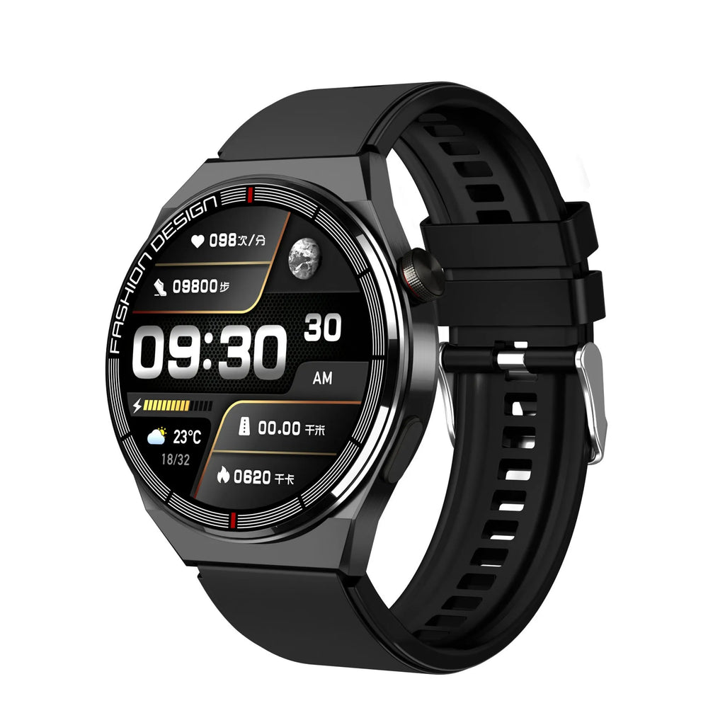 Black Bluetooth smartwatch with 1.28 inch screen on a silicone strap, showing heart rate display