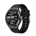 Black Bluetooth smartwatch with 1.28 inch screen on a silicone strap, showing heart rate display