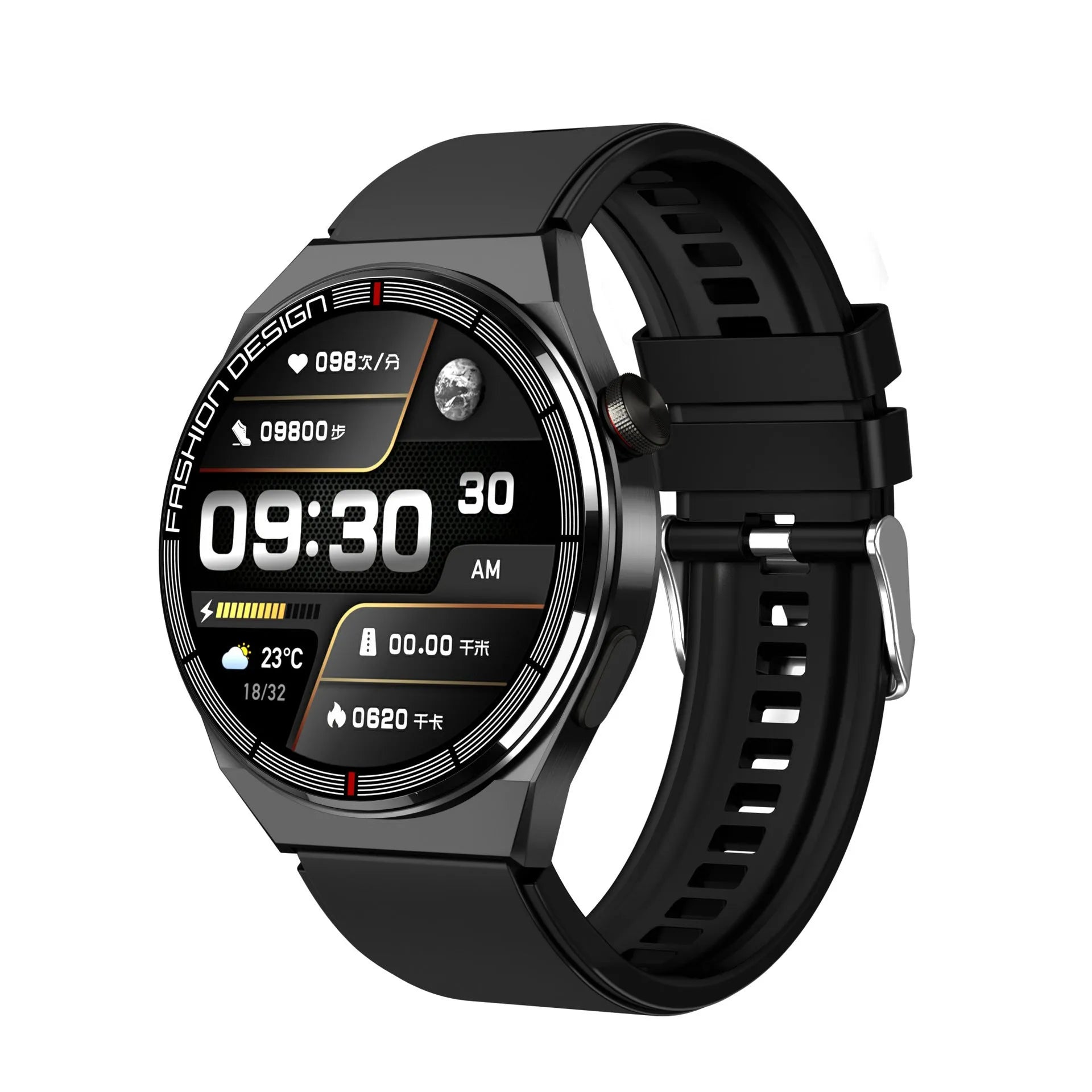 Black Bluetooth smartwatch with 1.28 inch screen on a silicone strap, showing heart rate display