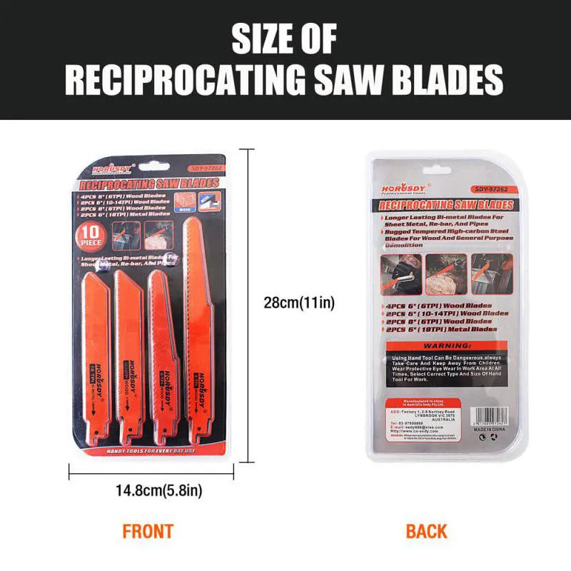 Multi-function bi-metal reciprocating saw blade combination set 10 pieces in storage packaging