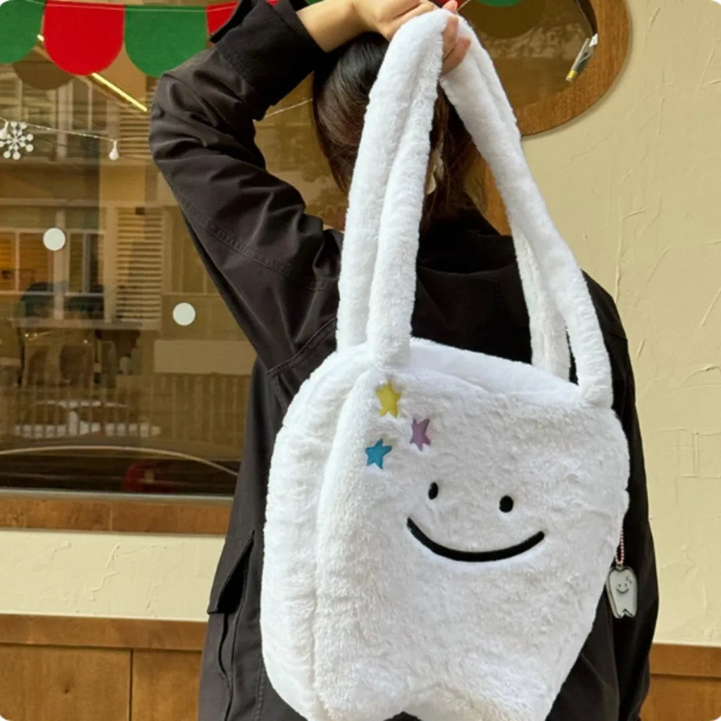 White plush large tooth shoulder tote bag with cute teeth design and crossbody strap