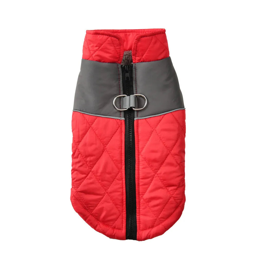 Cotton-padded pet ski suit in contrast colour diamond plaid, waterproof polyester, black grey or red grey, sizes XS-XL