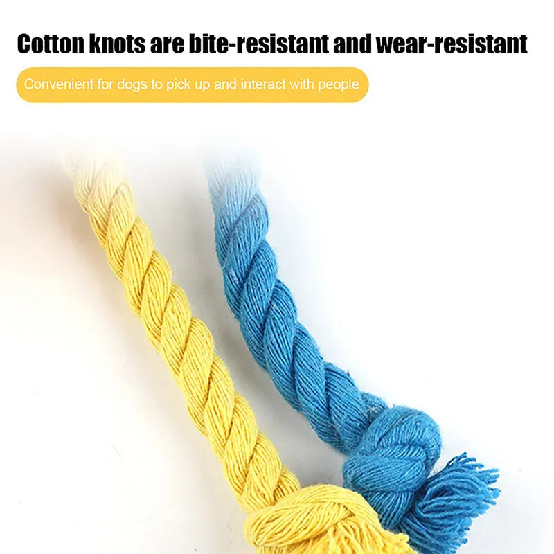 Blue and yellow elastic football tug of war dog toy with cotton rope ball for interactive play