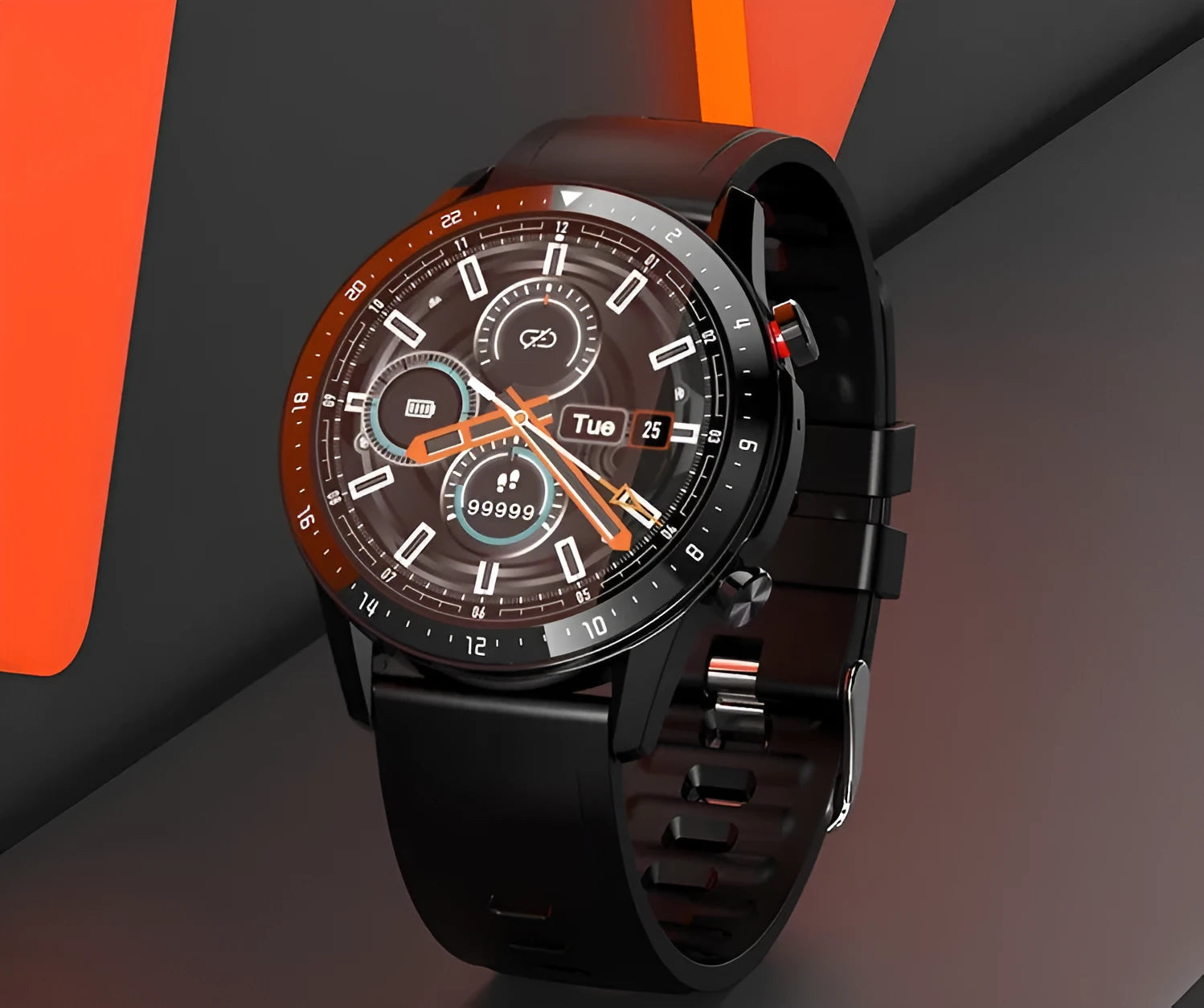 Silver black alloy Bluetooth smart watch with a black wrist strap on a wrist.