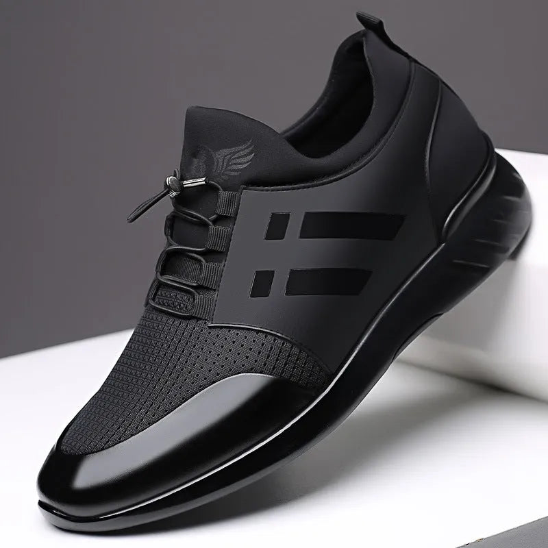 Men's black casual shoes with concealed height increase platform in leather, Lycra or mesh options