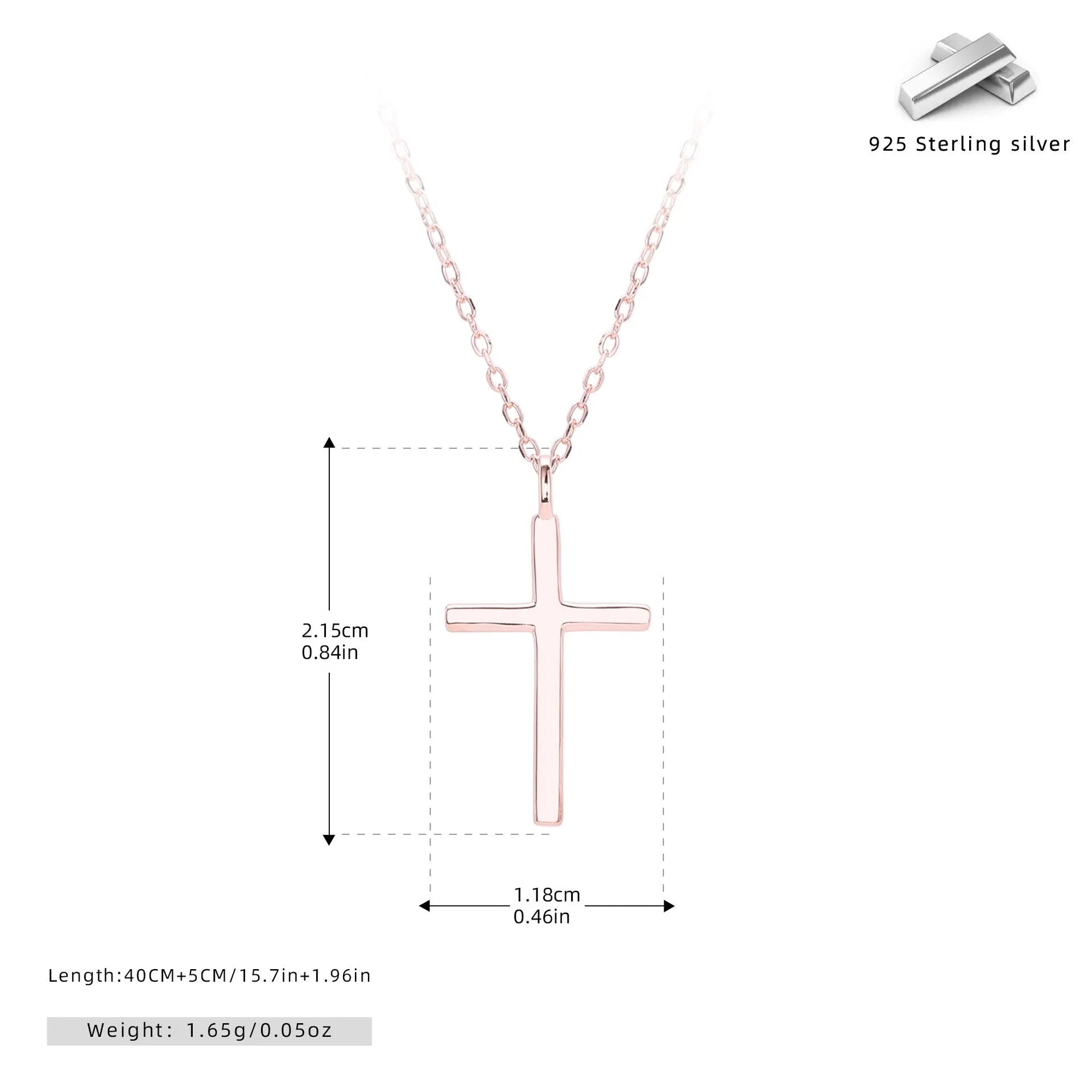 S925 sterling silver necklace with cross pendant on O-shaped chain in three plating colours