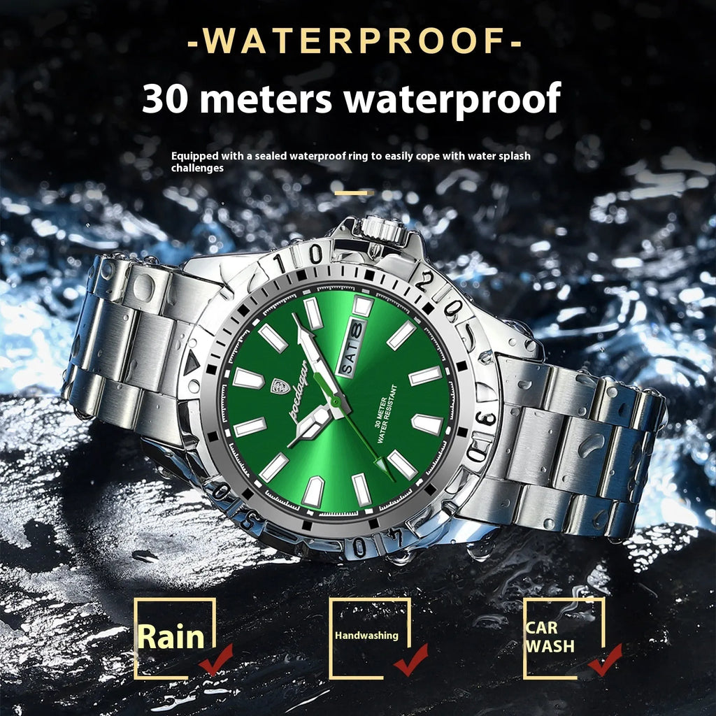 Swiss men's waterproof luminous watch with steel bracelet in gold or silver case colours