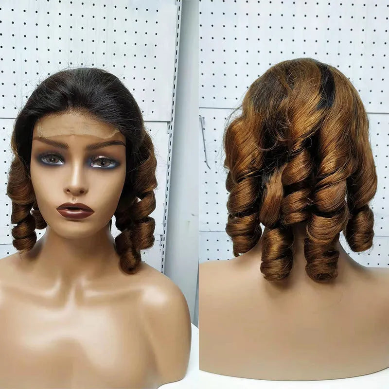Double Drawn Funmi Hair Lace Wig Spring Curly real human hair long length 10-16 inch T colour
