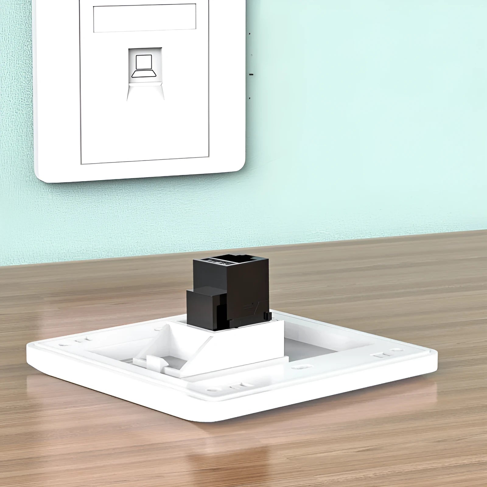 Unshielded network computer direct module pass-through connector in black, PC material