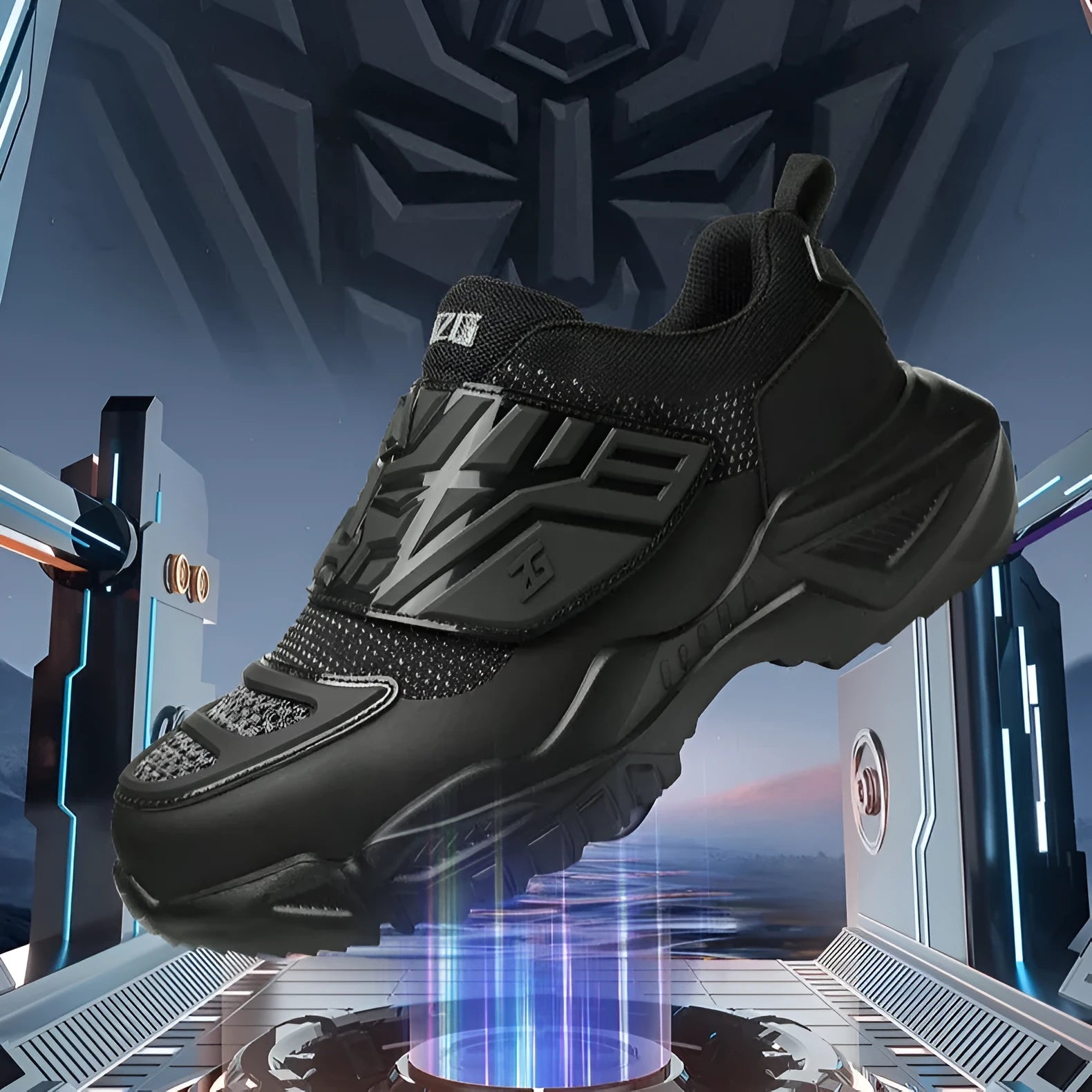 Black steel toe anti-puncture safety work boots with felt buckle and woven fabric upper.