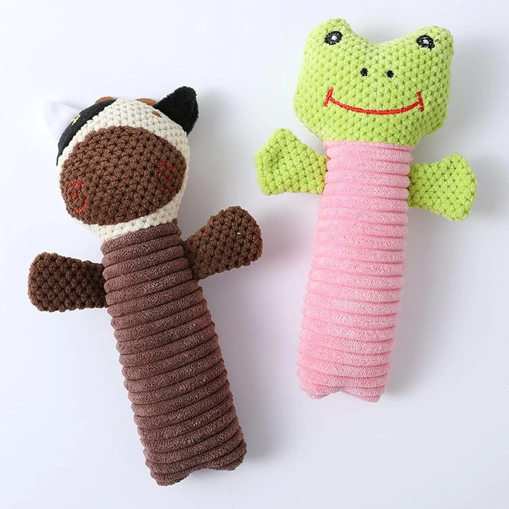 Squeaky plush dog chew toy in animal shapes for dental cleaning, size 19cm by 5cm