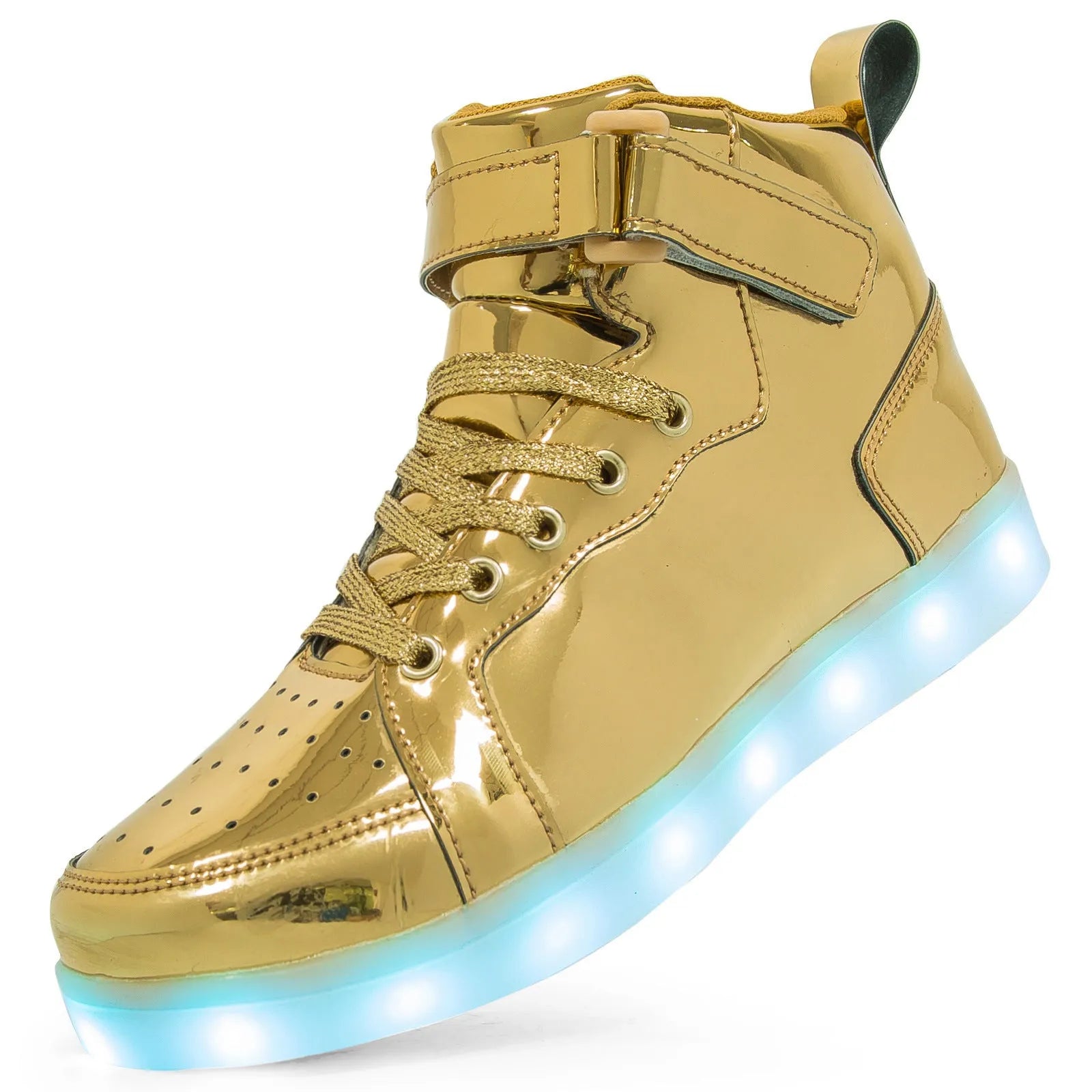 Black high-top LED light-up shoes with Velcro straps and a rubber sole.
