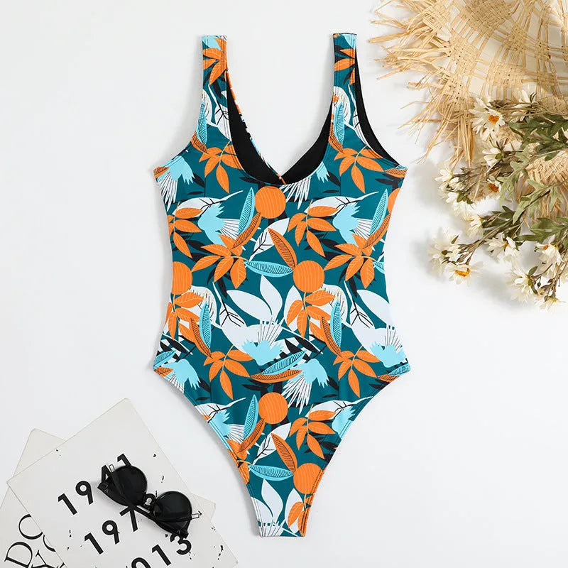 Women's high waist one-piece swimsuit with printed pattern in polyester-nylon quick-drying fabric