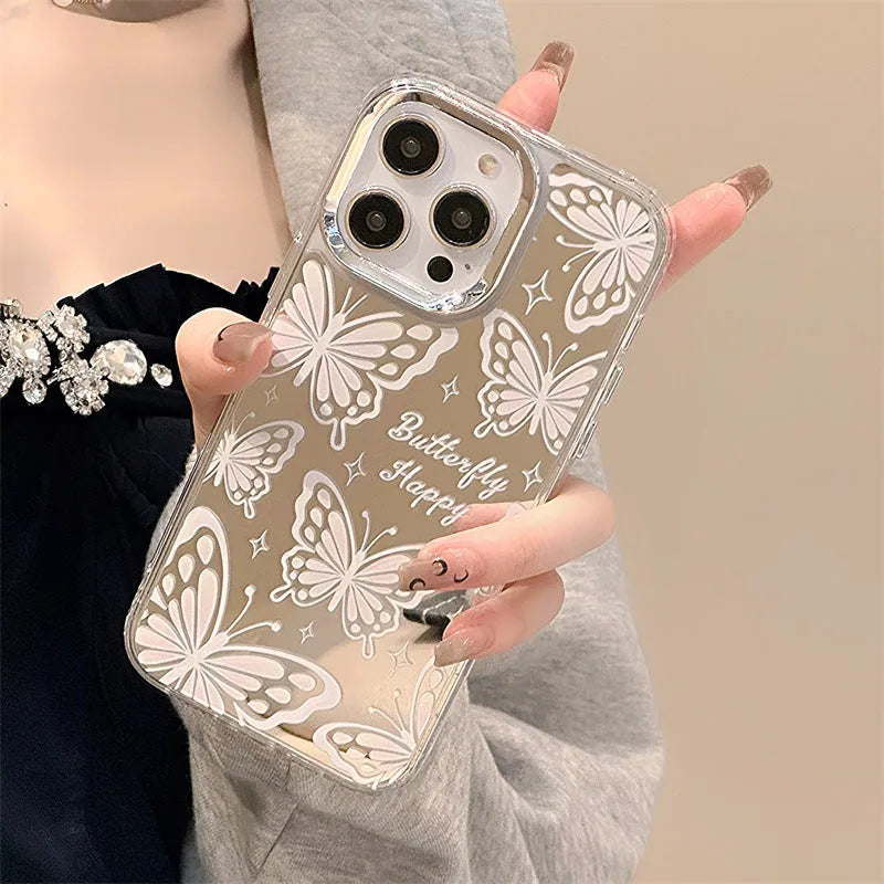Transparent three-in-one mirror iPhone case with bow bracelet attachment for iPhone 15 Pro Max