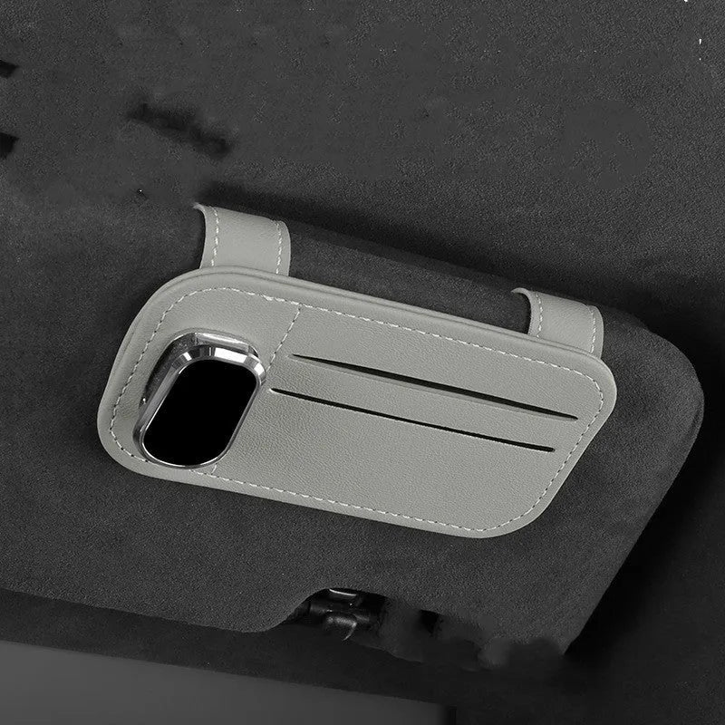 Cowhide leather automotive sun louver card holder with sunglasses clip in multiple colour options
