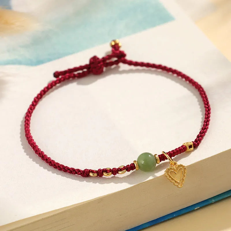 925 silver Hetian jade handmade woven bracelet with red cord strap, women's original design